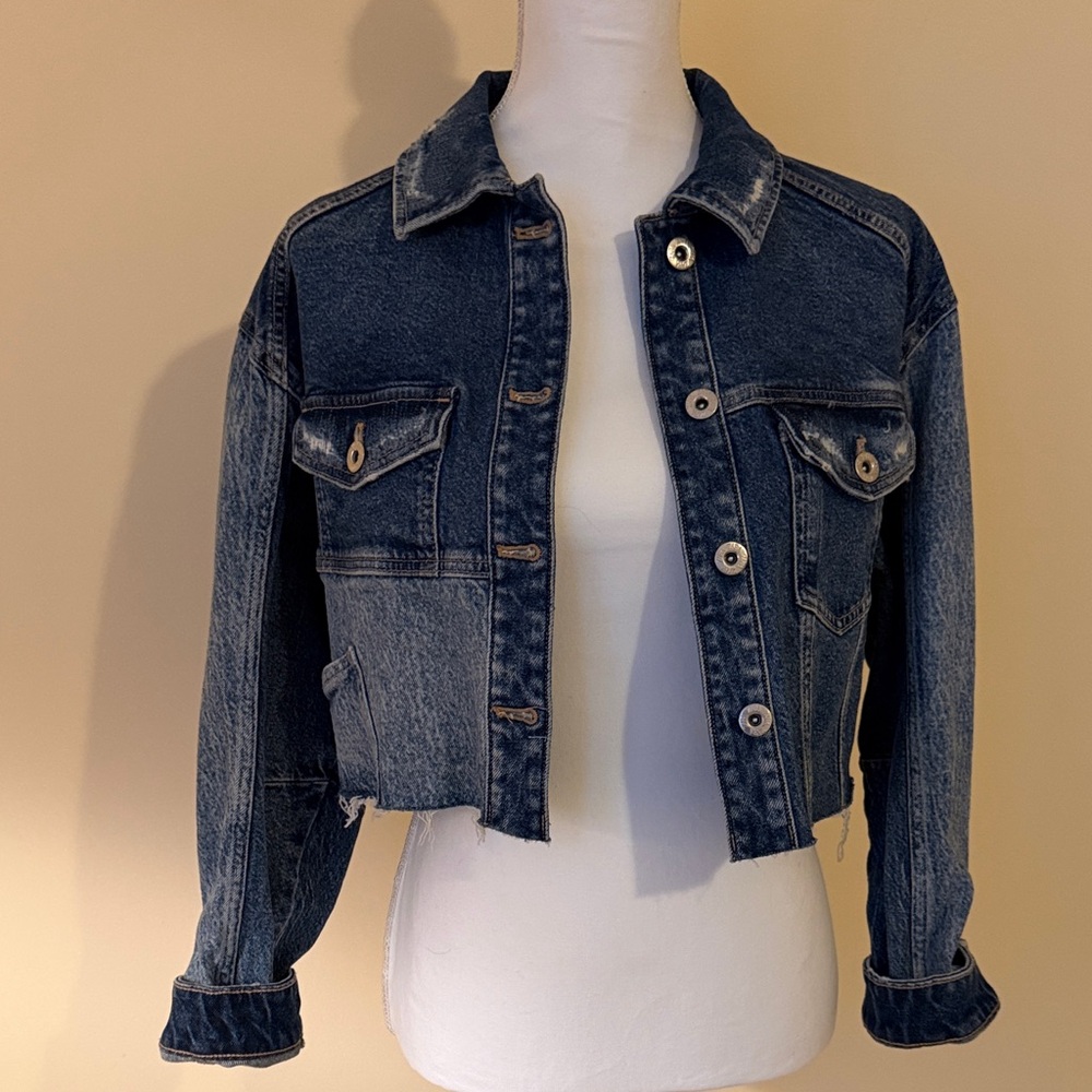 Zara Dark Blue Cropped Denim Jacket XS NWOT